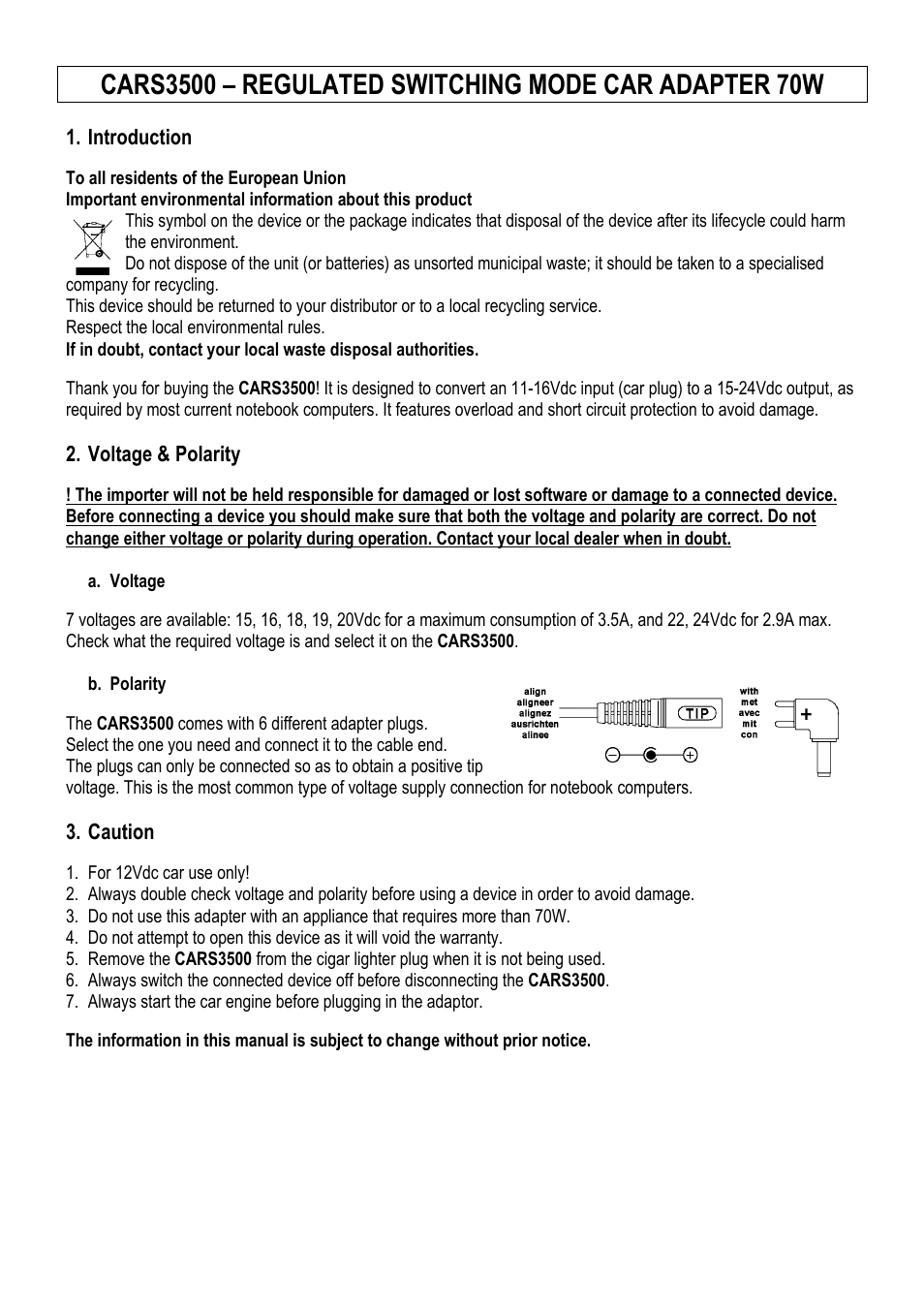 Velleman CARS3500 User Manual | Page 2 / 7