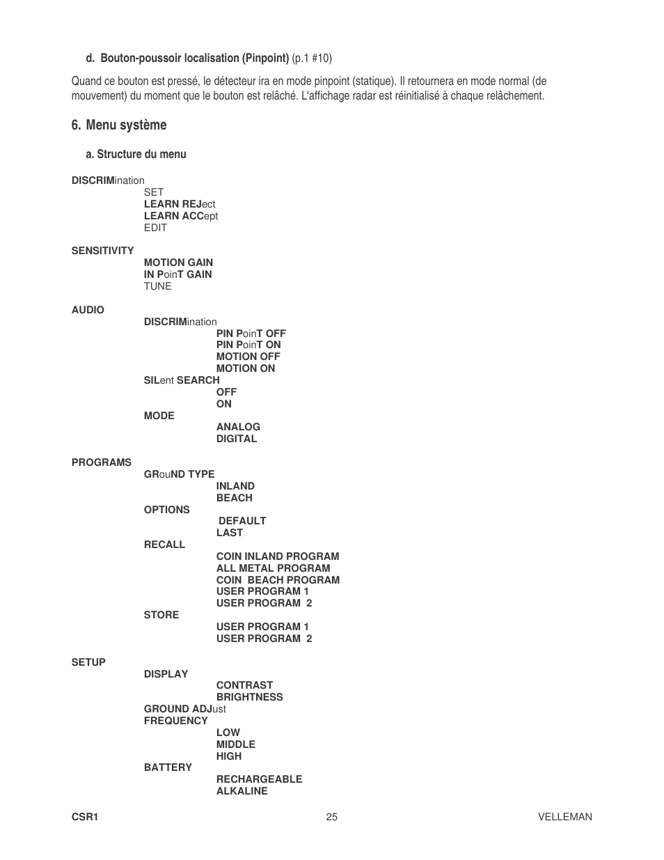 Menu système | Velleman CSR1 User Manual | Page 25 / 56