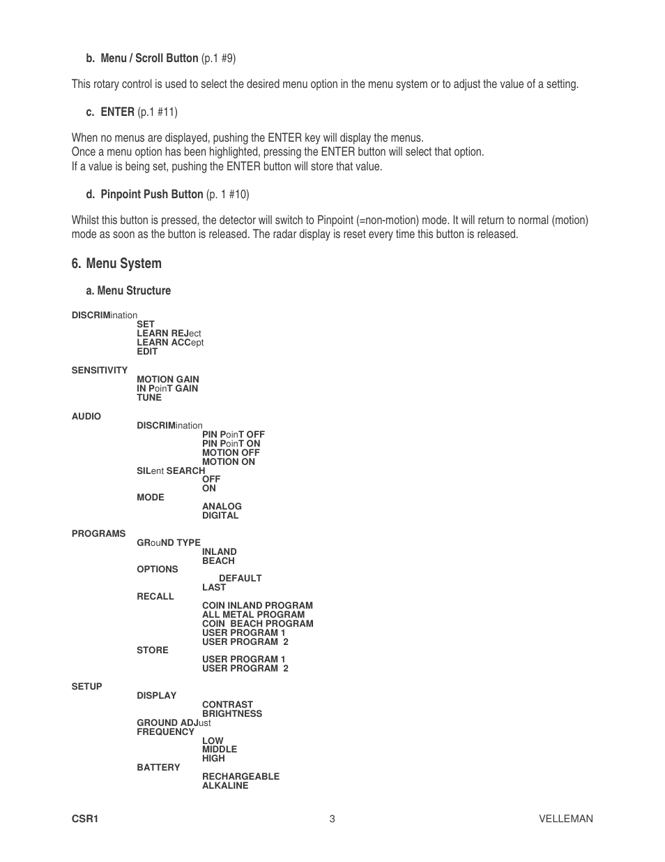 Menu system, B. menu / scroll button (p.1 #9), A. menu structure | Velleman CSR1 User Manual | Page 3 / 56