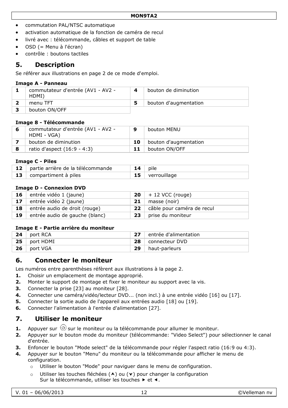 Description, Image a - panneau, Image 8 - télécommande | Image c - piles, Image d - connexion dvd, Image e - partie arrière du moniteur, Connecter le moniteur, Utiliser le moniteur | Velleman MON9TA2 User Manual | Page 12 / 32