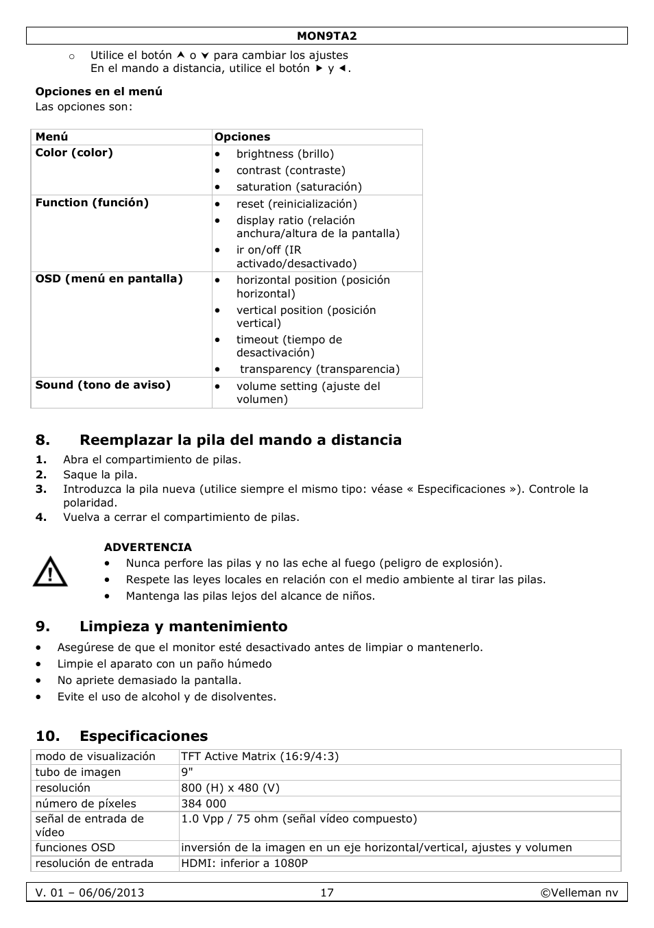 Opciones en el menú, Reemplazar la pila del mando a distancia, Limpieza y mantenimiento | Especificaciones | Velleman MON9TA2 User Manual | Page 17 / 32