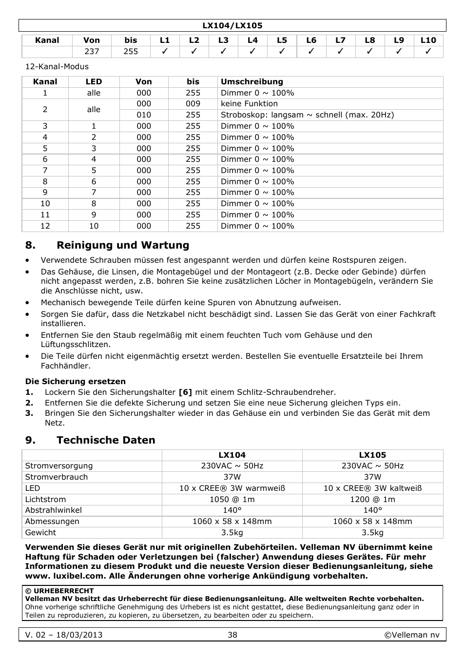 Reinigung und wartung, Die sicherung ersetzen, Technische daten | Velleman LX104 User Manual | Page 38 / 40