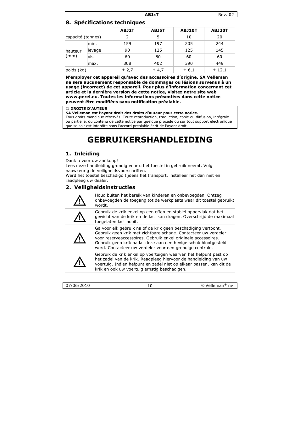 Gebruikershandleiding, Spécifications techniques, Inleiding | Veiligheidsinstructies | Velleman ABJ10T User Manual | Page 10 / 28
