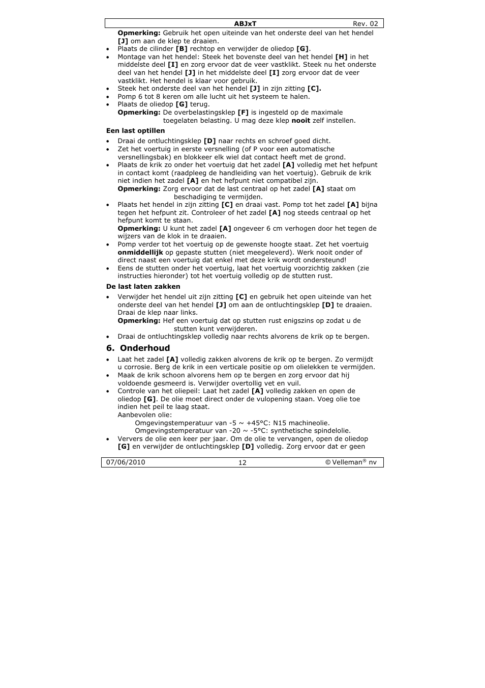 Onderhoud | Velleman ABJ10T User Manual | Page 12 / 28