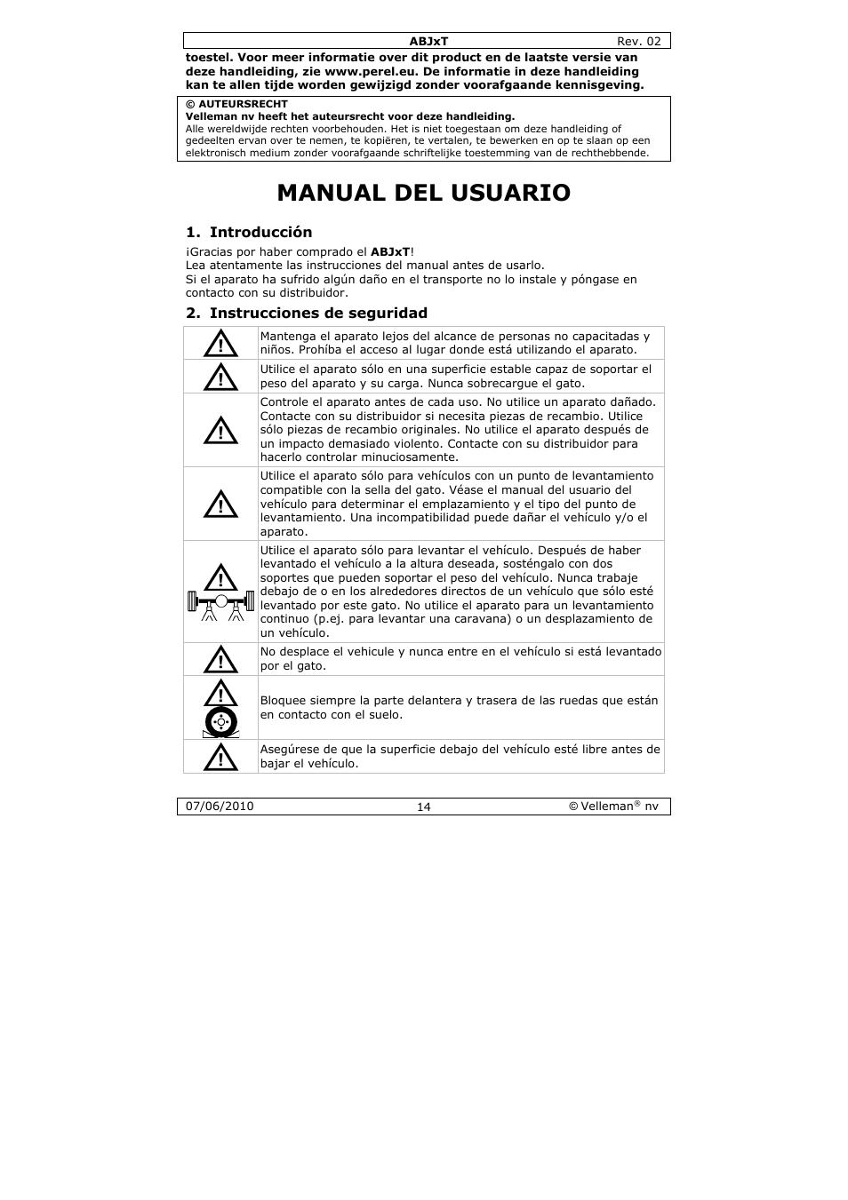 Manual del usuario, Introducción, Instrucciones de seguridad | Velleman ABJ10T User Manual | Page 14 / 28