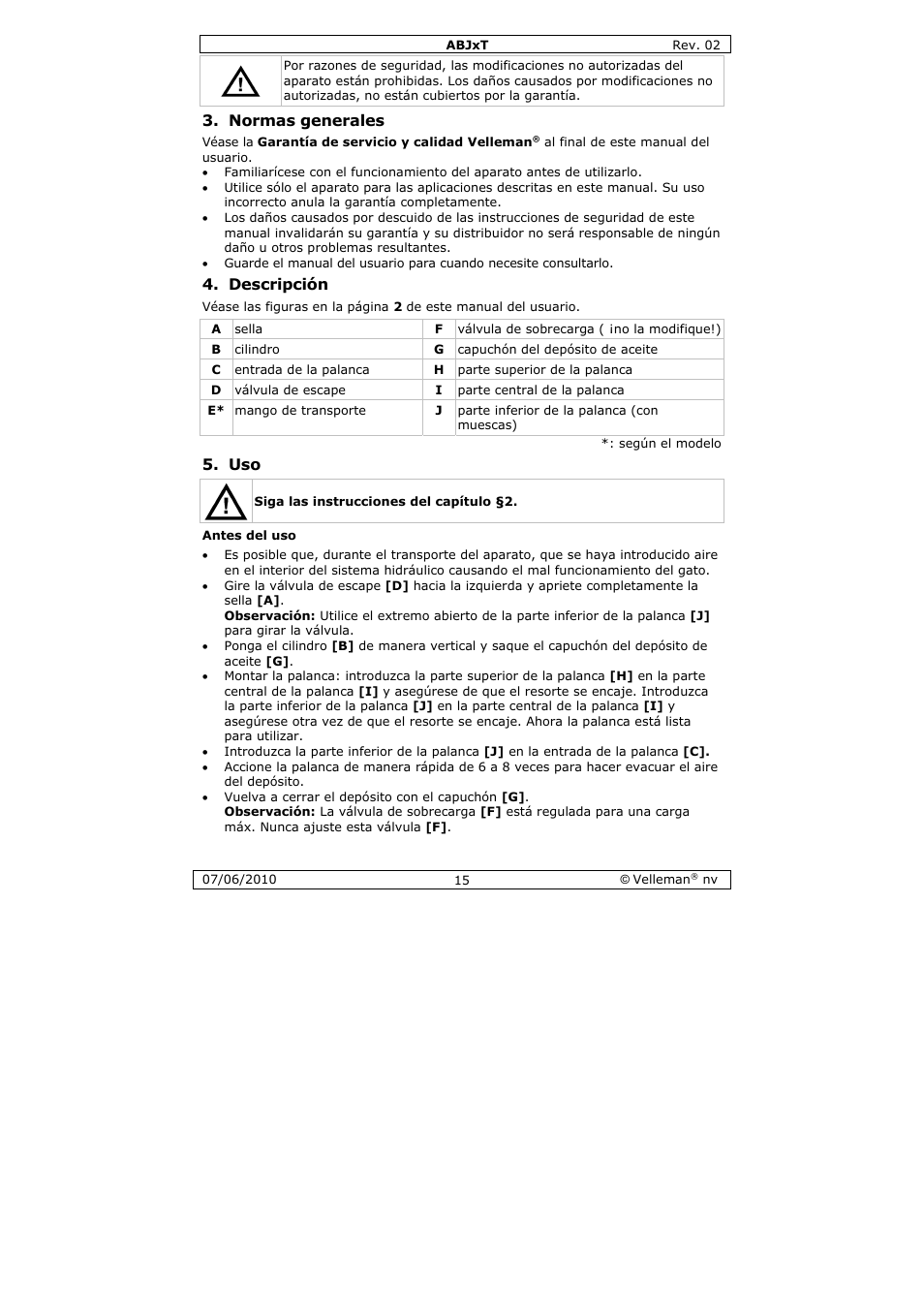 Normas generales, Descripción | Velleman ABJ10T User Manual | Page 15 / 28
