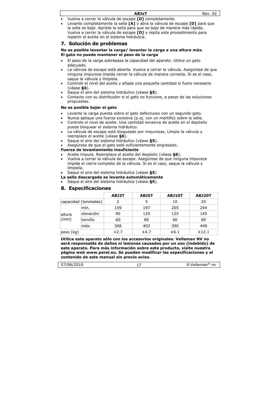 Solución de problemas, Especificaciones | Velleman ABJ10T User Manual | Page 17 / 28