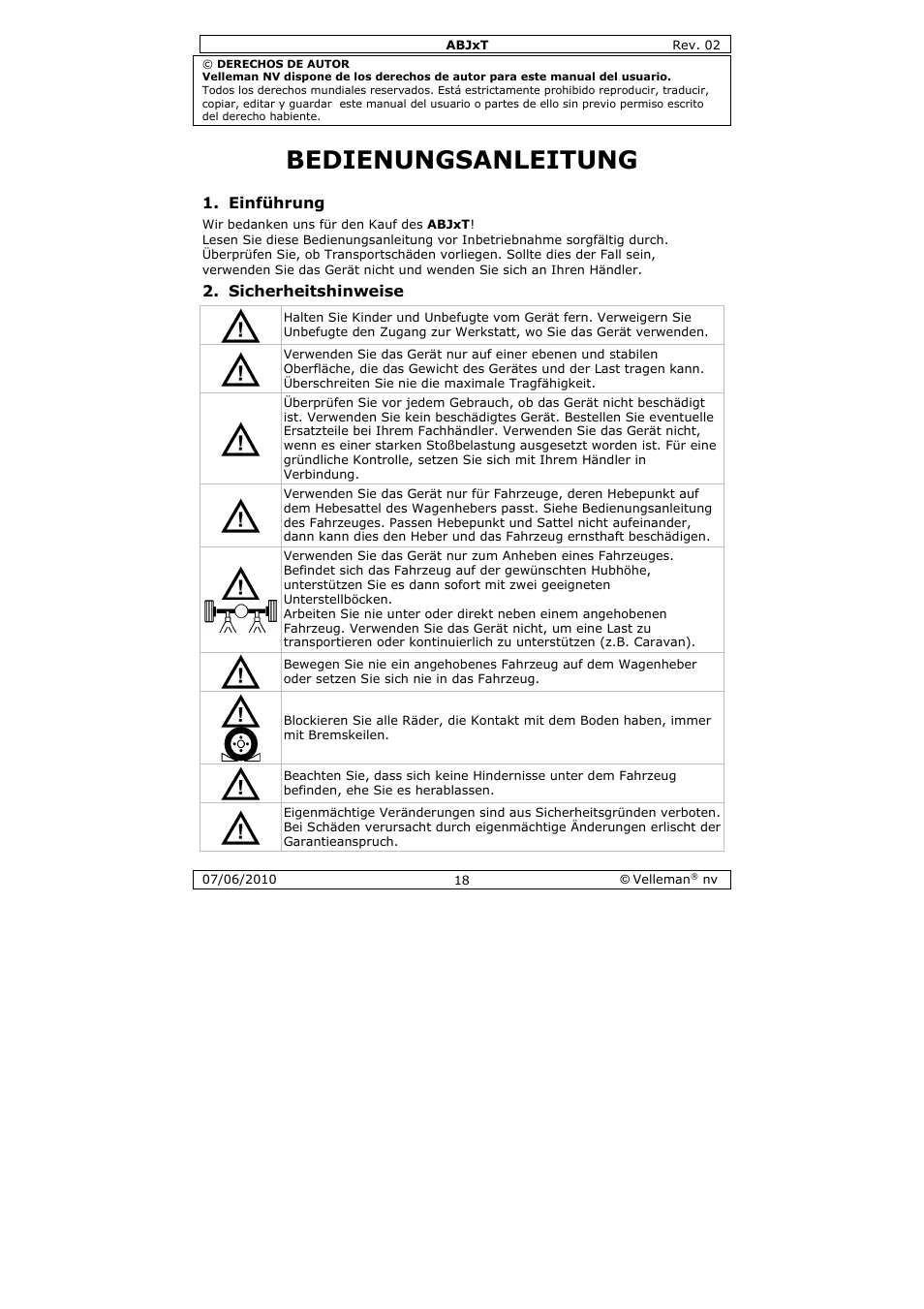 Bedienungsanleitung, Einführung, Sicherheitshinweise | Velleman ABJ10T User Manual | Page 18 / 28