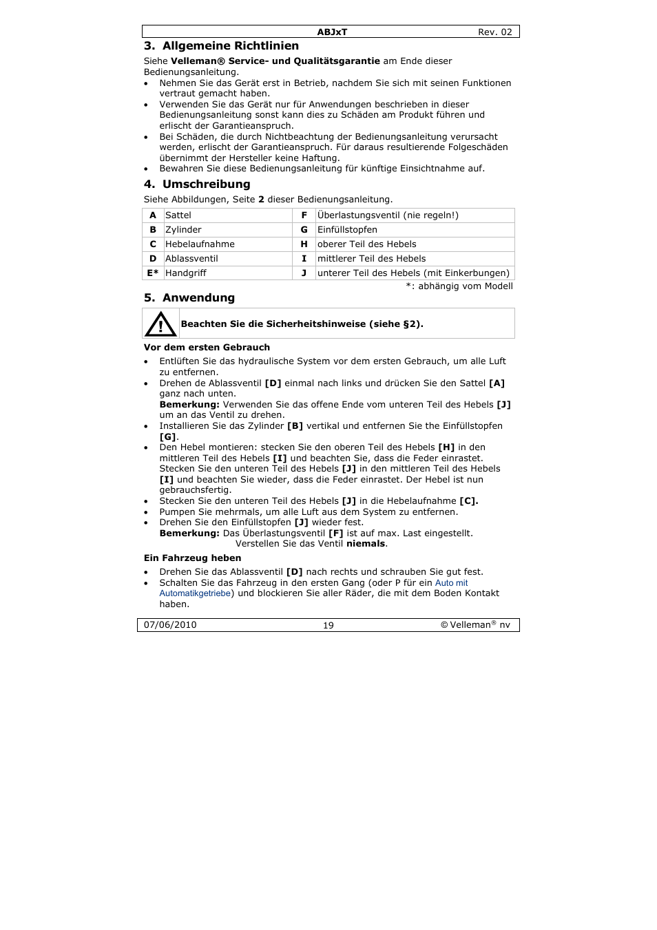 Allgemeine richtlinien, Umschreibung, Anwendung | Velleman ABJ10T User Manual | Page 19 / 28