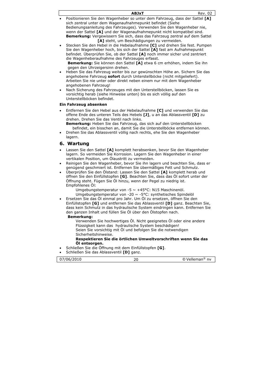 Wartung | Velleman ABJ10T User Manual | Page 20 / 28