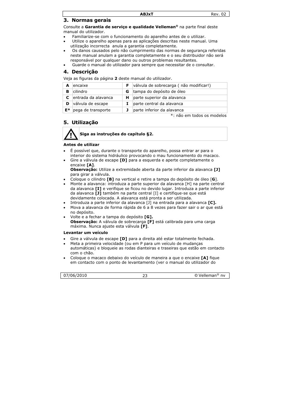 Normas gerais, Descrição, Utilização | Velleman ABJ10T User Manual | Page 23 / 28