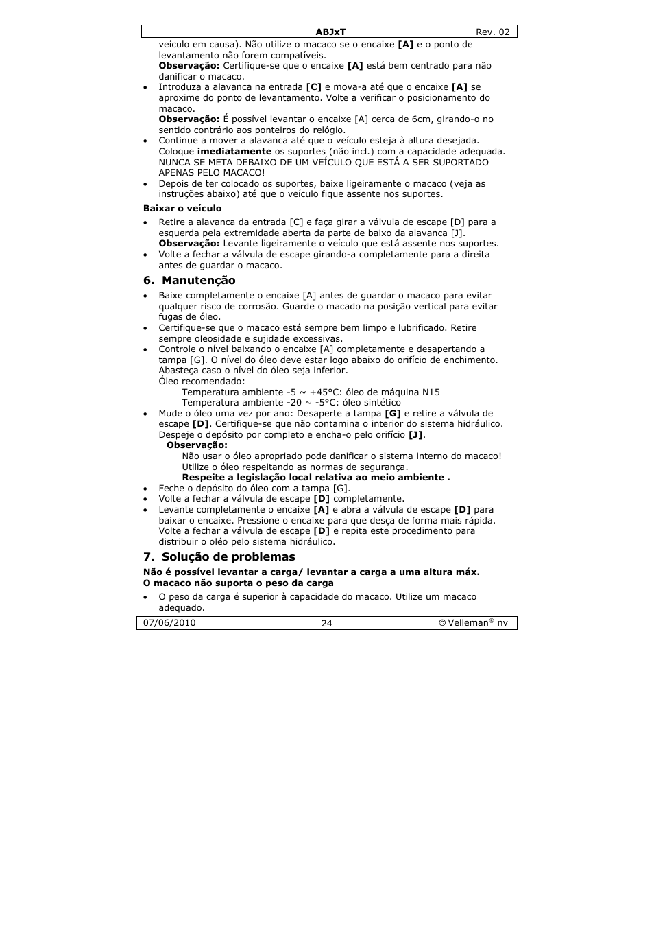 Manutenção, Solução de problemas | Velleman ABJ10T User Manual | Page 24 / 28