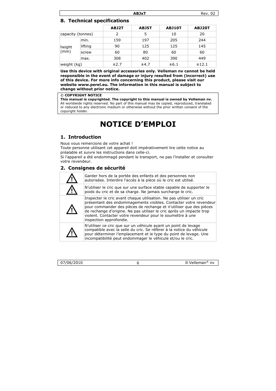 Notice d’emploi, Technical specifications, Introduction | Consignes de sécurité | Velleman ABJ10T User Manual | Page 6 / 28