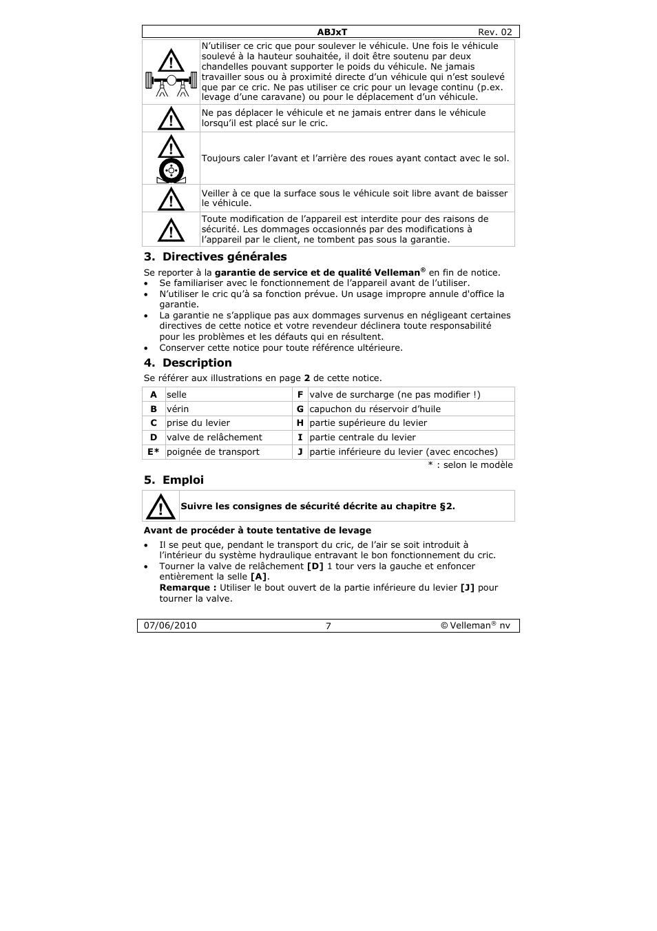 Directives générales, Description, Emploi | Velleman ABJ10T User Manual | Page 7 / 28