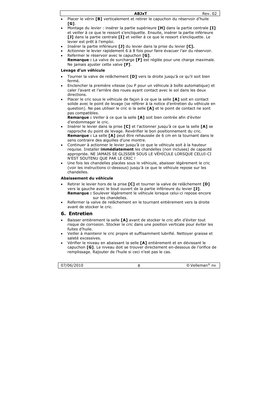 Entretien | Velleman ABJ10T User Manual | Page 8 / 28