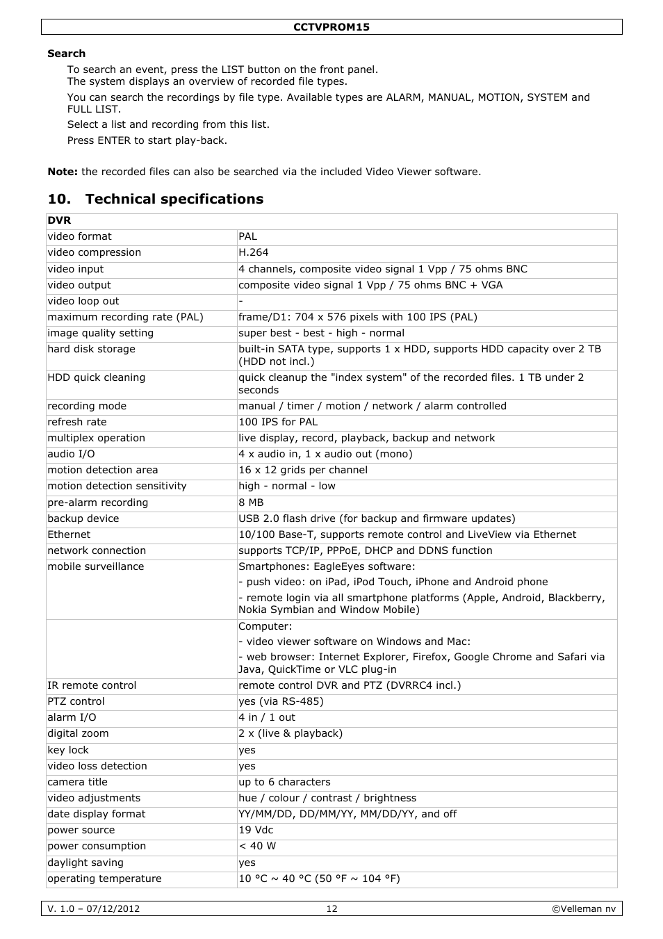 Technical specifications | Velleman CCTVPROM15 User Manual | Page 12 / 55