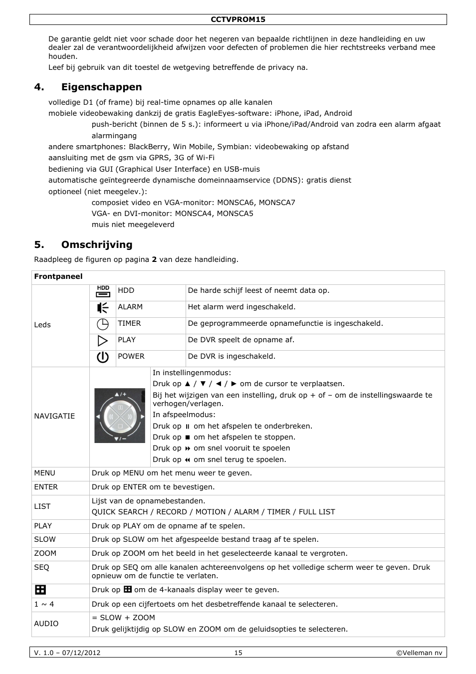 Eigenschappen, Omschrijving | Velleman CCTVPROM15 User Manual | Page 15 / 55