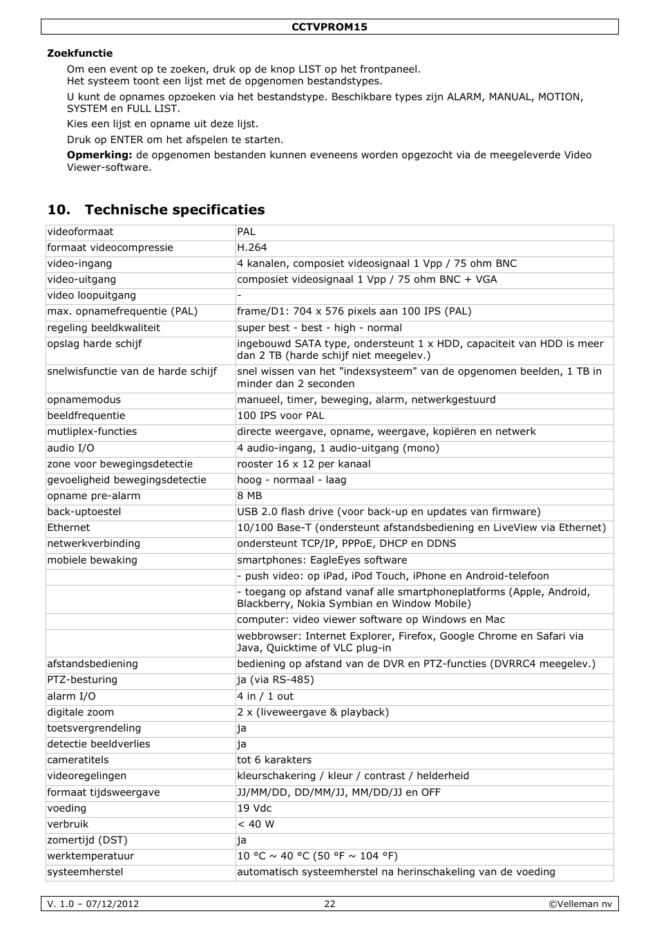 Technische specificaties | Velleman CCTVPROM15 User Manual | Page 22 / 55