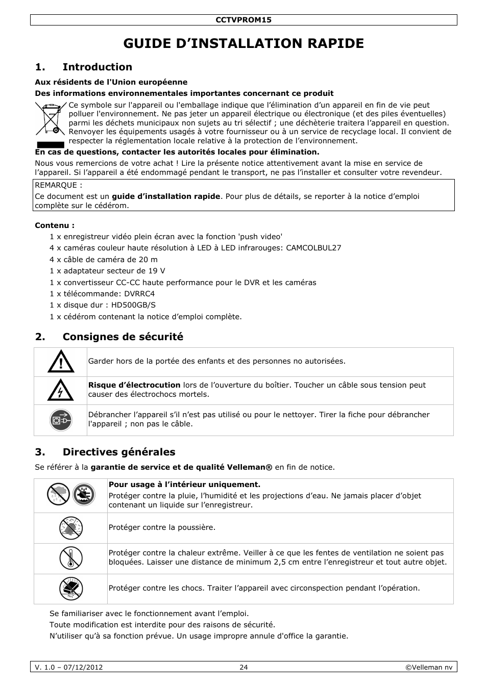 Guide d’installation rapide, Introduction, Consignes de sécurité | Directives générales | Velleman CCTVPROM15 User Manual | Page 24 / 55