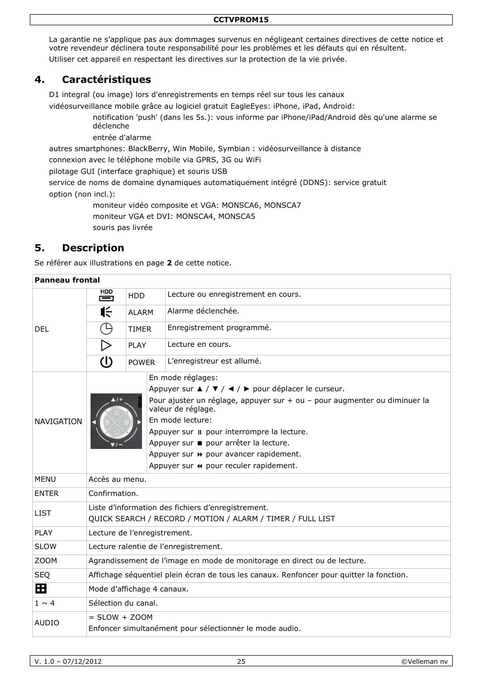 Caractéristiques, Description | Velleman CCTVPROM15 User Manual | Page 25 / 55