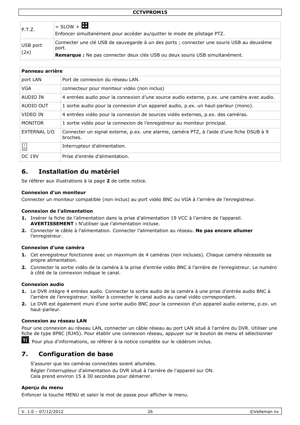 Installation du matériel, Configuration de base | Velleman CCTVPROM15 User Manual | Page 26 / 55