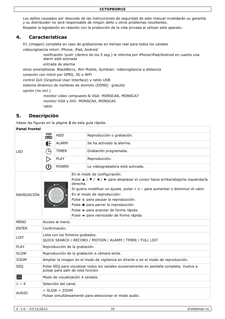 Características, Descripción | Velleman CCTVPROM15 User Manual | Page 35 / 55