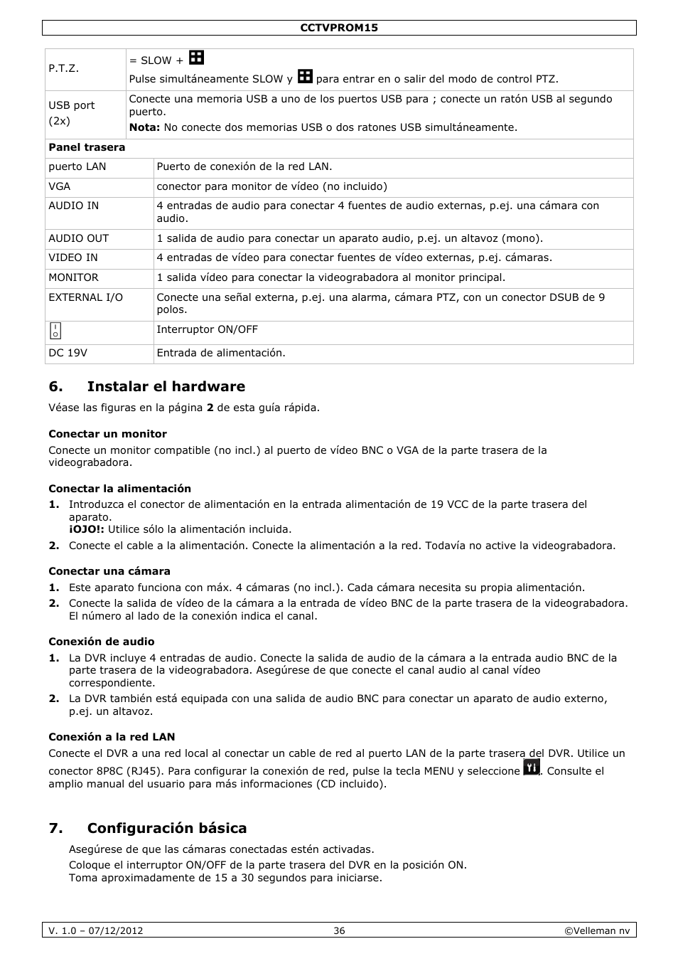 Instalar el hardware, Configuración básica | Velleman CCTVPROM15 User Manual | Page 36 / 55
