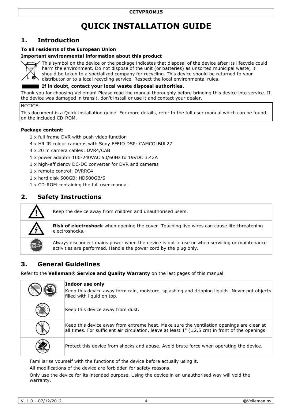 Quick installation guide, Introduction, Safety instructions | General guidelines | Velleman CCTVPROM15 User Manual | Page 4 / 55