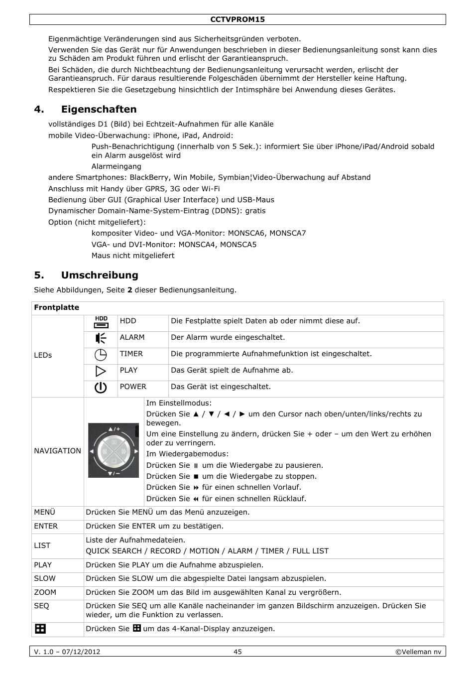 Eigenschaften, Umschreibung | Velleman CCTVPROM15 User Manual | Page 45 / 55