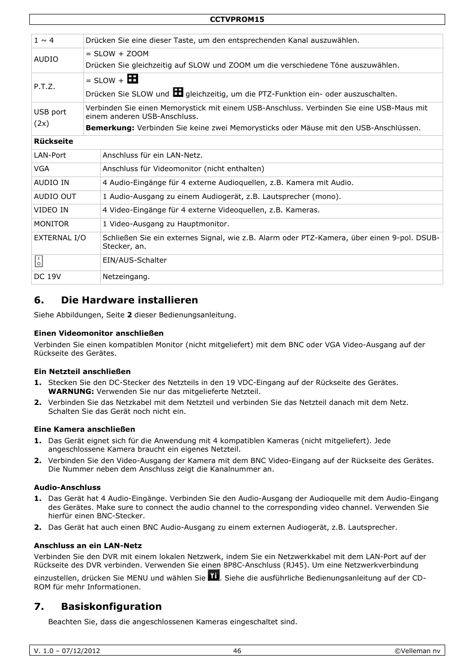 Die hardware installieren, Basiskonfiguration | Velleman CCTVPROM15 User Manual | Page 46 / 55