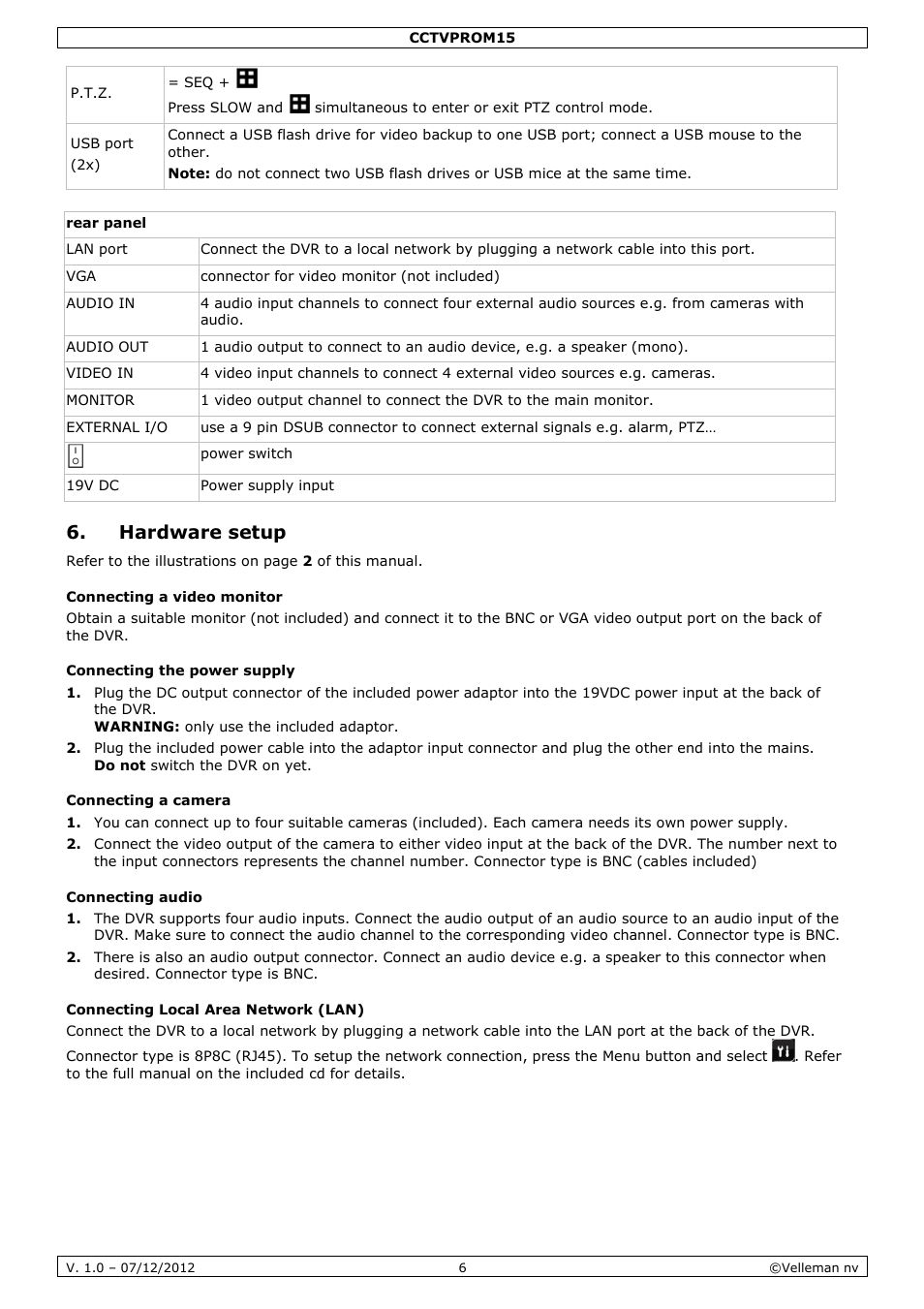 Hardware setup | Velleman CCTVPROM15 User Manual | Page 6 / 55
