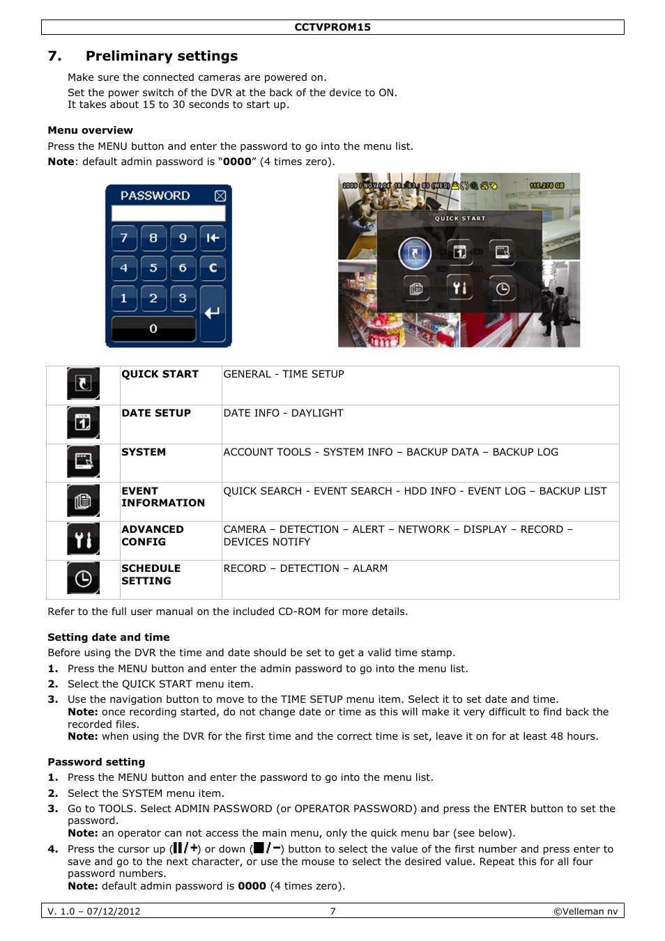 Preliminary settings | Velleman CCTVPROM15 User Manual | Page 7 / 55