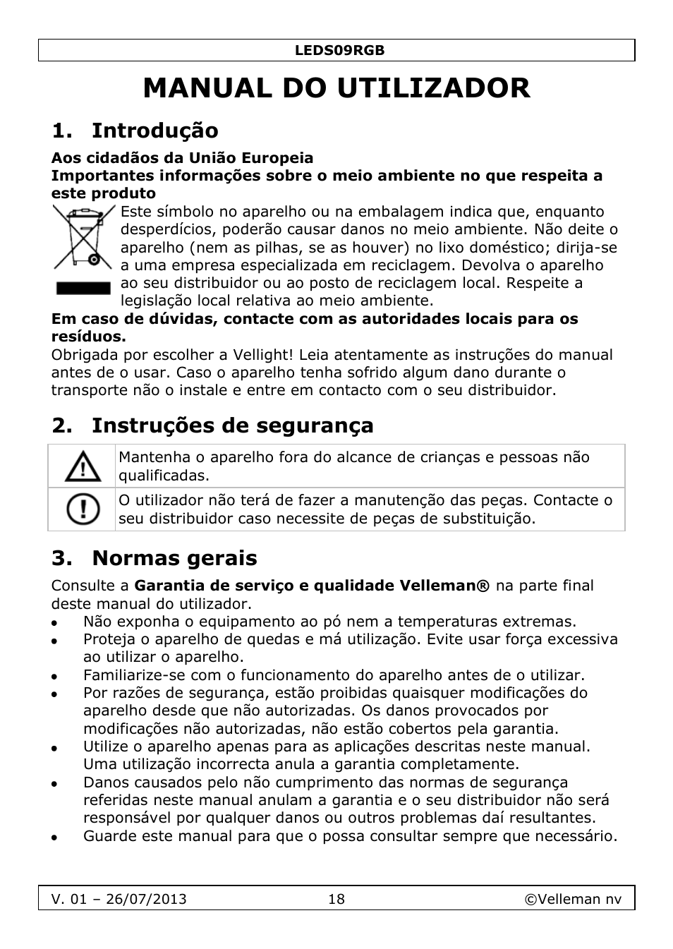 Manual do utilizador, Introdução, Instruções de segurança | Normas gerais | Velleman LEDS09RGB User Manual | Page 18 / 23