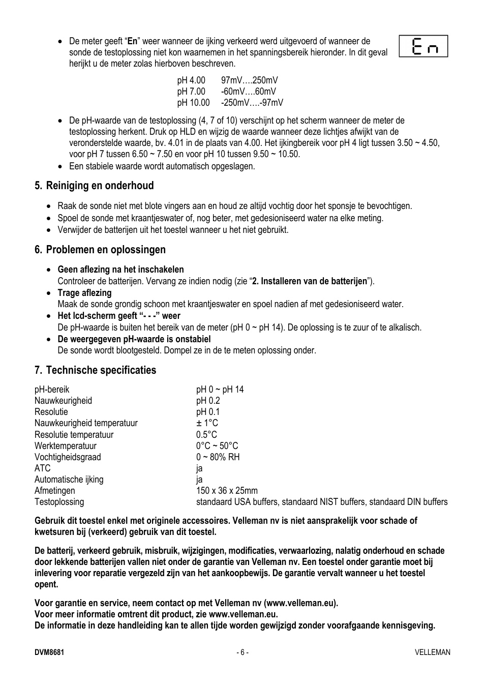 Reiniging en onderhoud, Problemen en oplossingen, Technische specificaties | Velleman DVM8681 User Manual | Page 6 / 22