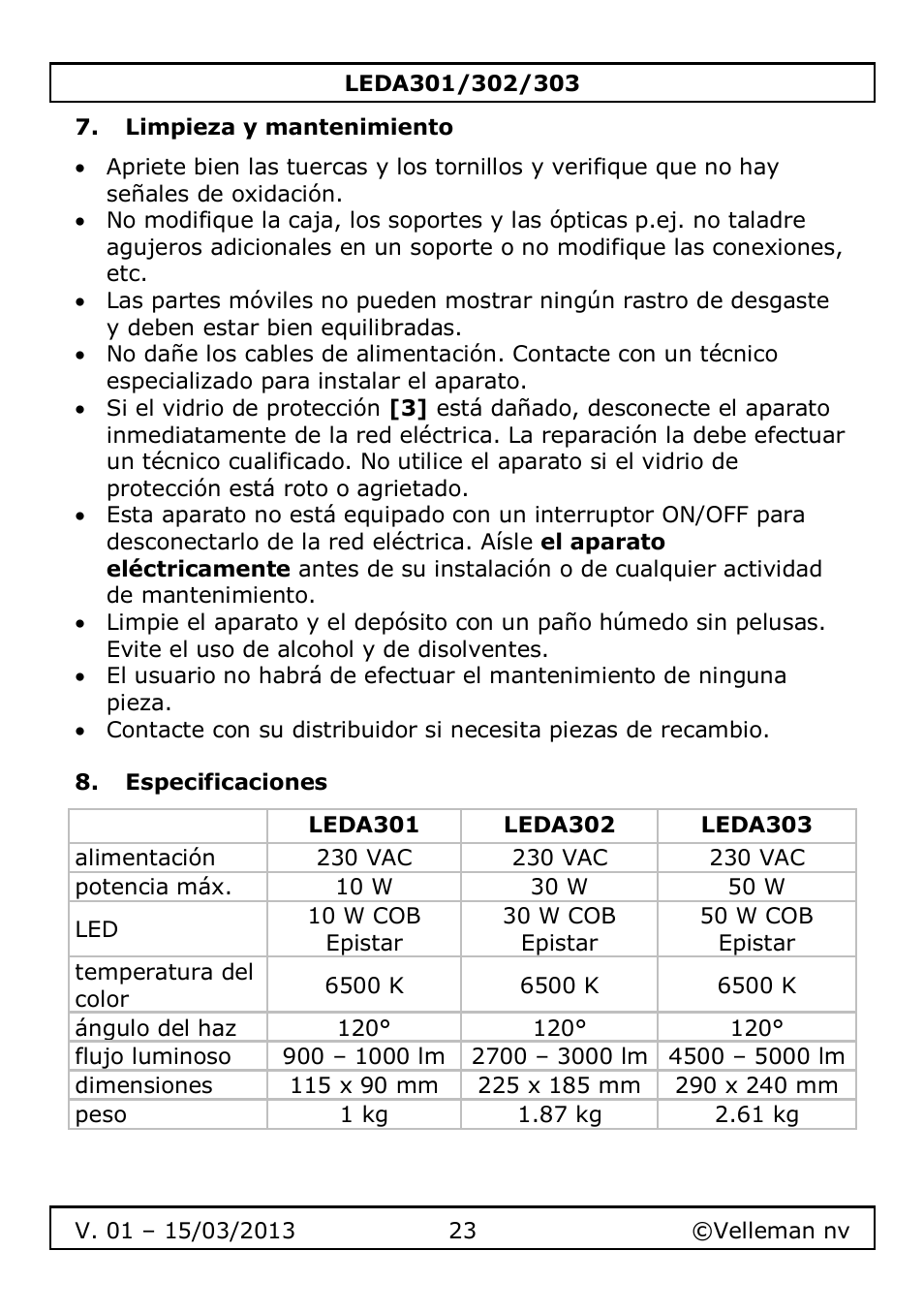 Limpieza y mantenimiento, Especificaciones | Velleman LEDA301 User Manual | Page 23 / 40