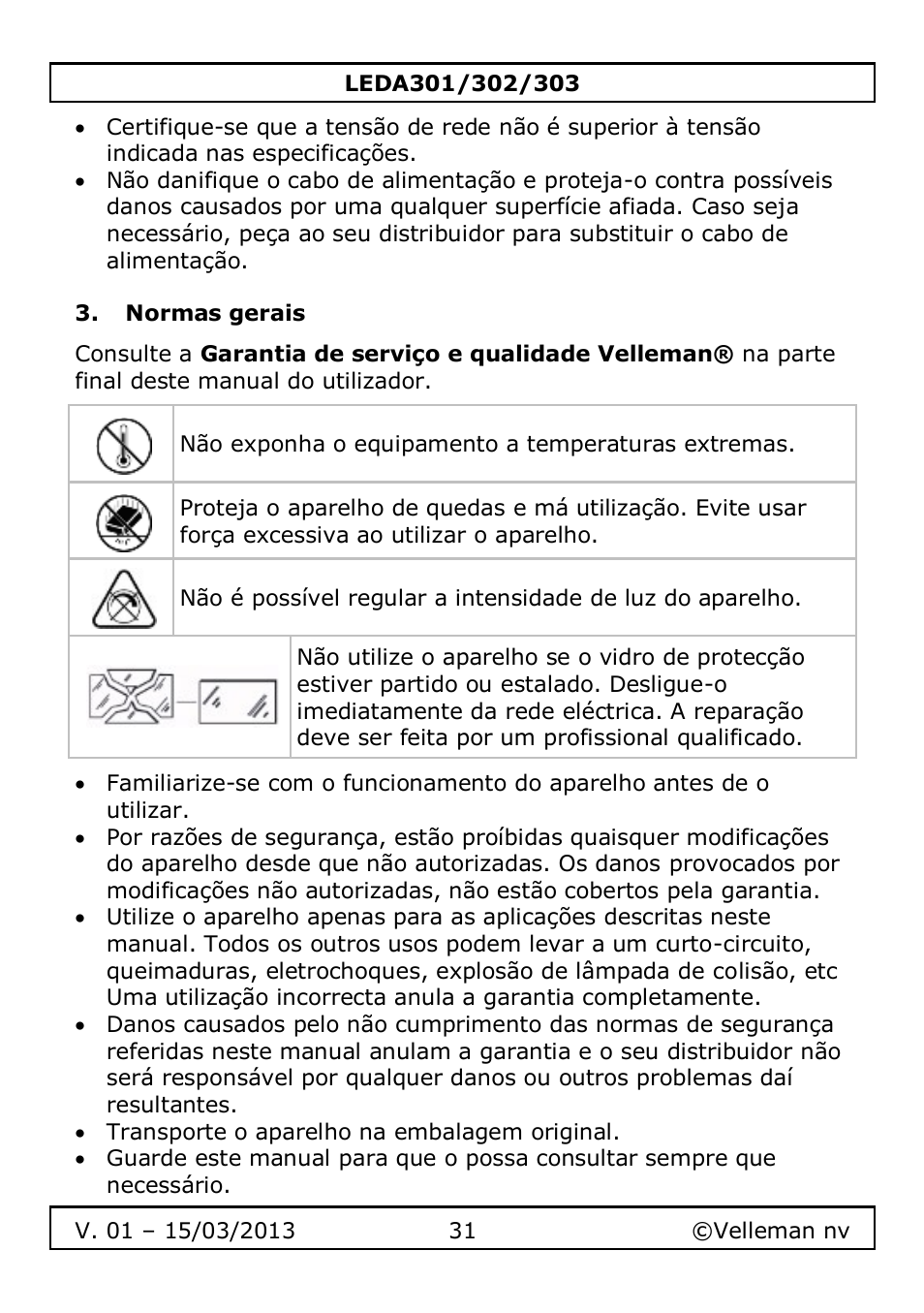 Normas gerais | Velleman LEDA301 User Manual | Page 31 / 40