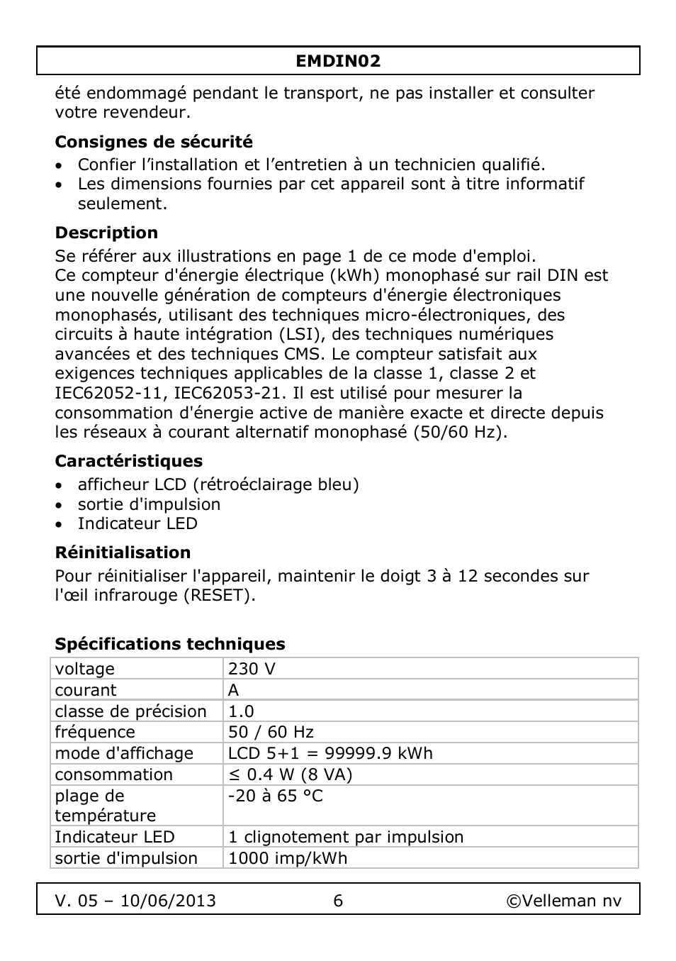 Consignes de sécurité, Description, Caractéristiques | Réinitialisation, Spécifications techniques | Velleman EMDIN02 User Manual | Page 6 / 16
