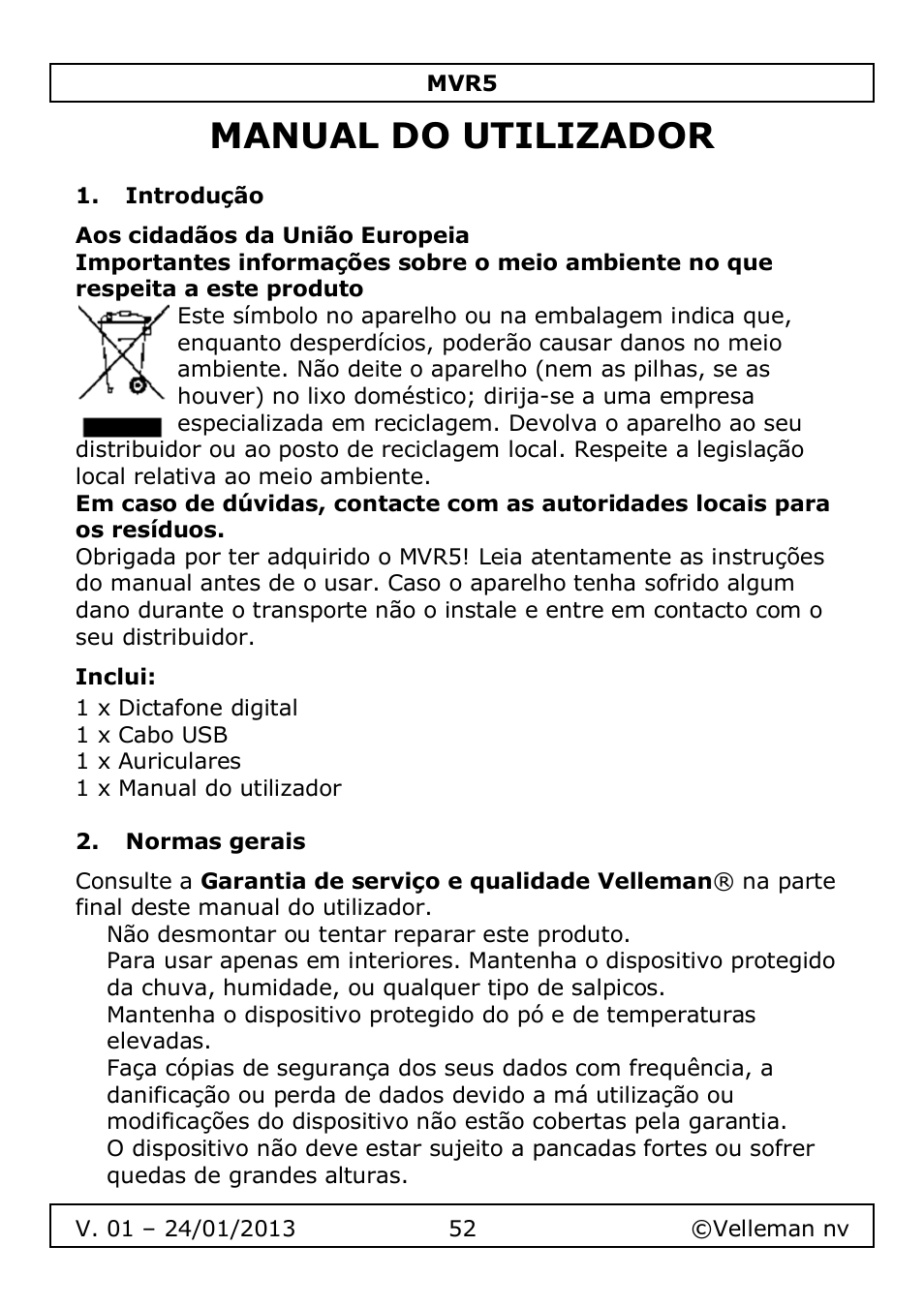 Manual do utilizador | Velleman MVR5 User Manual | Page 52 / 78