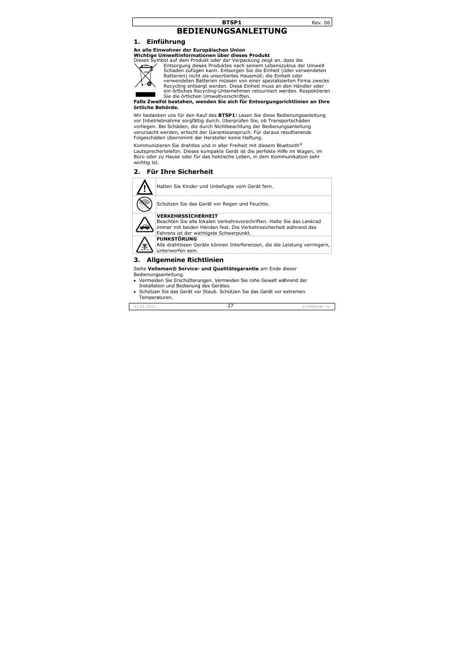 Bedie, Enungsa, Nleitung | Velleman BTSP1 User Manual | Page 27 / 45
