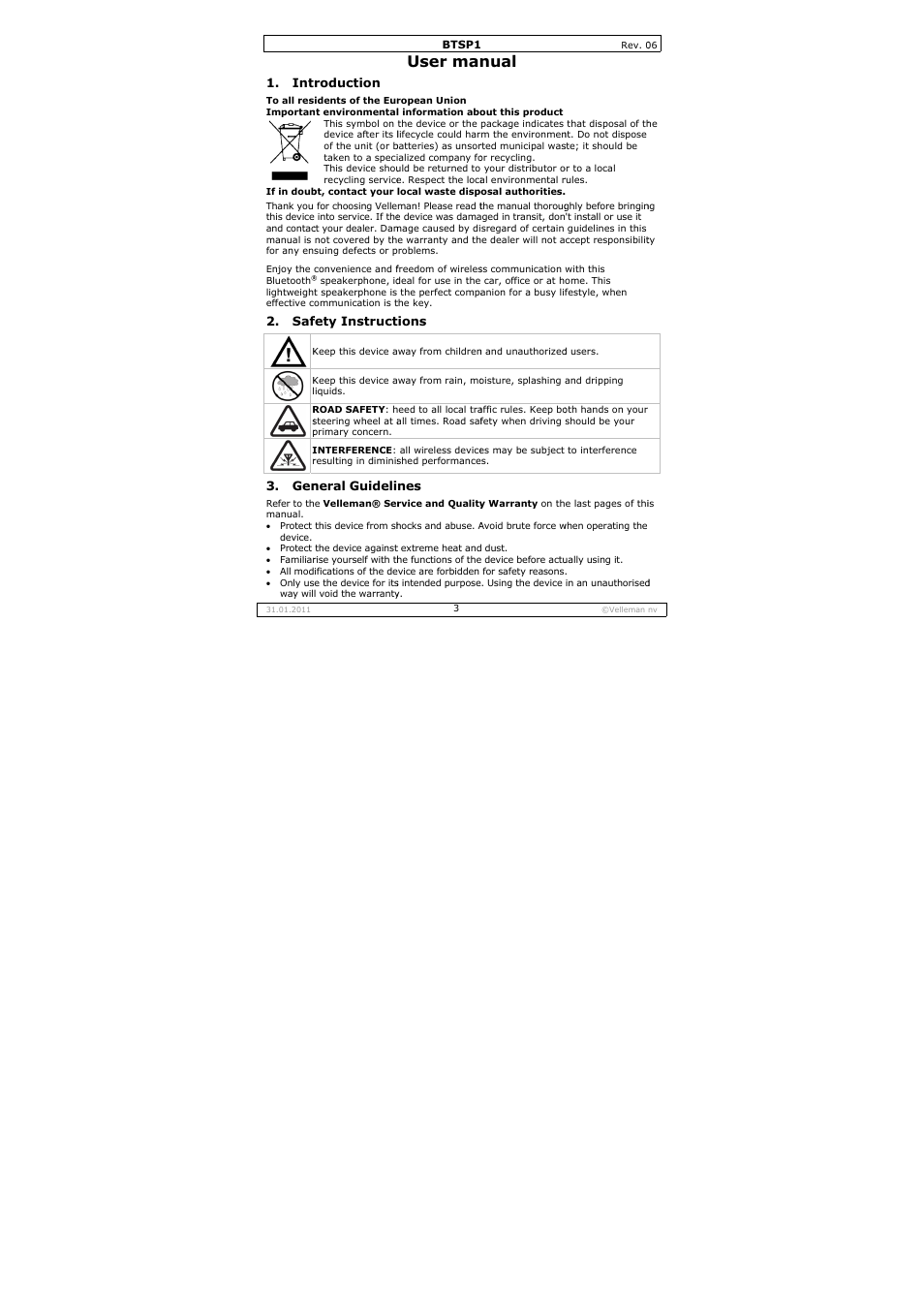 User man, Nual | Velleman BTSP1 User Manual | Page 3 / 45