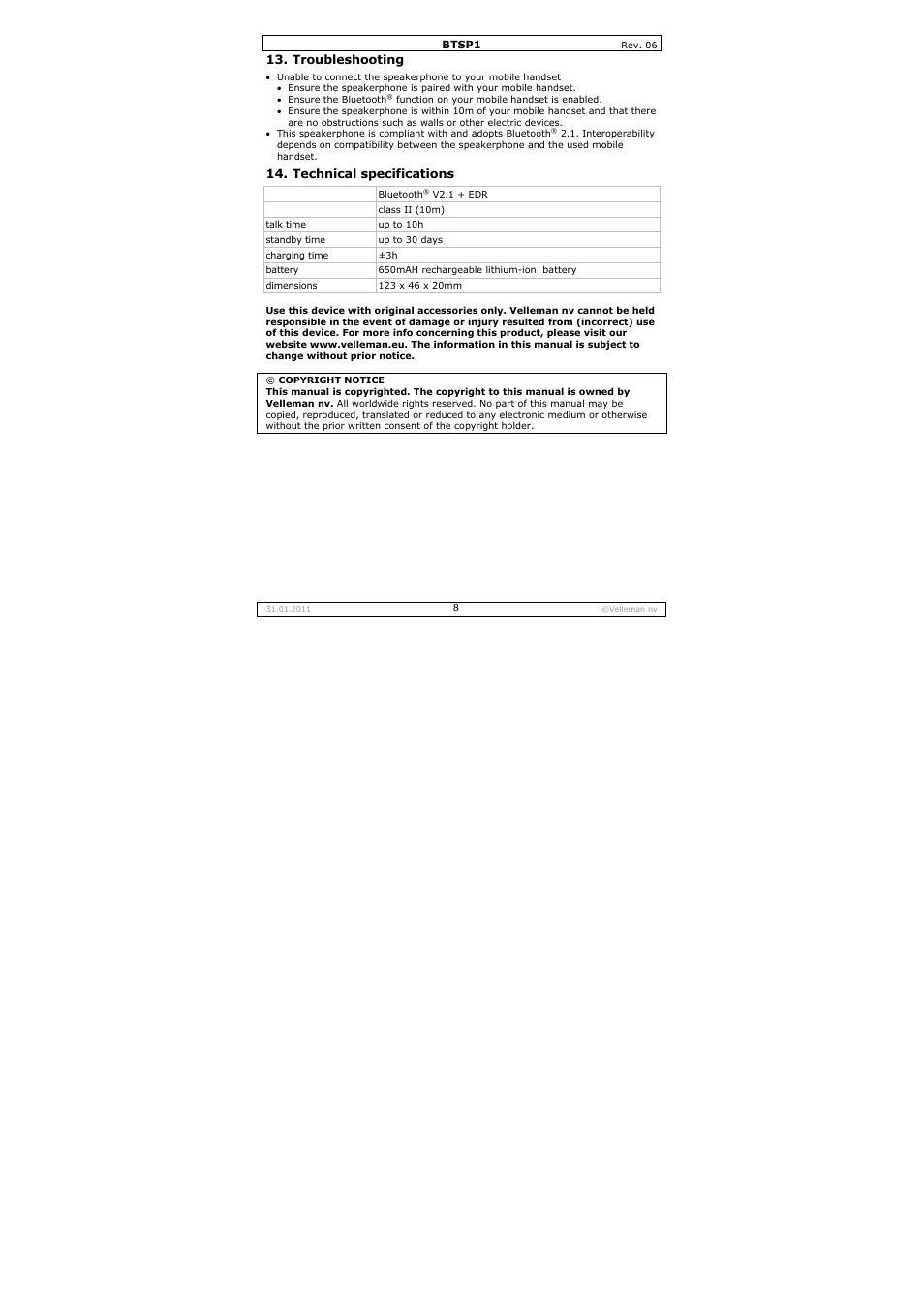 Velleman BTSP1 User Manual | Page 8 / 45