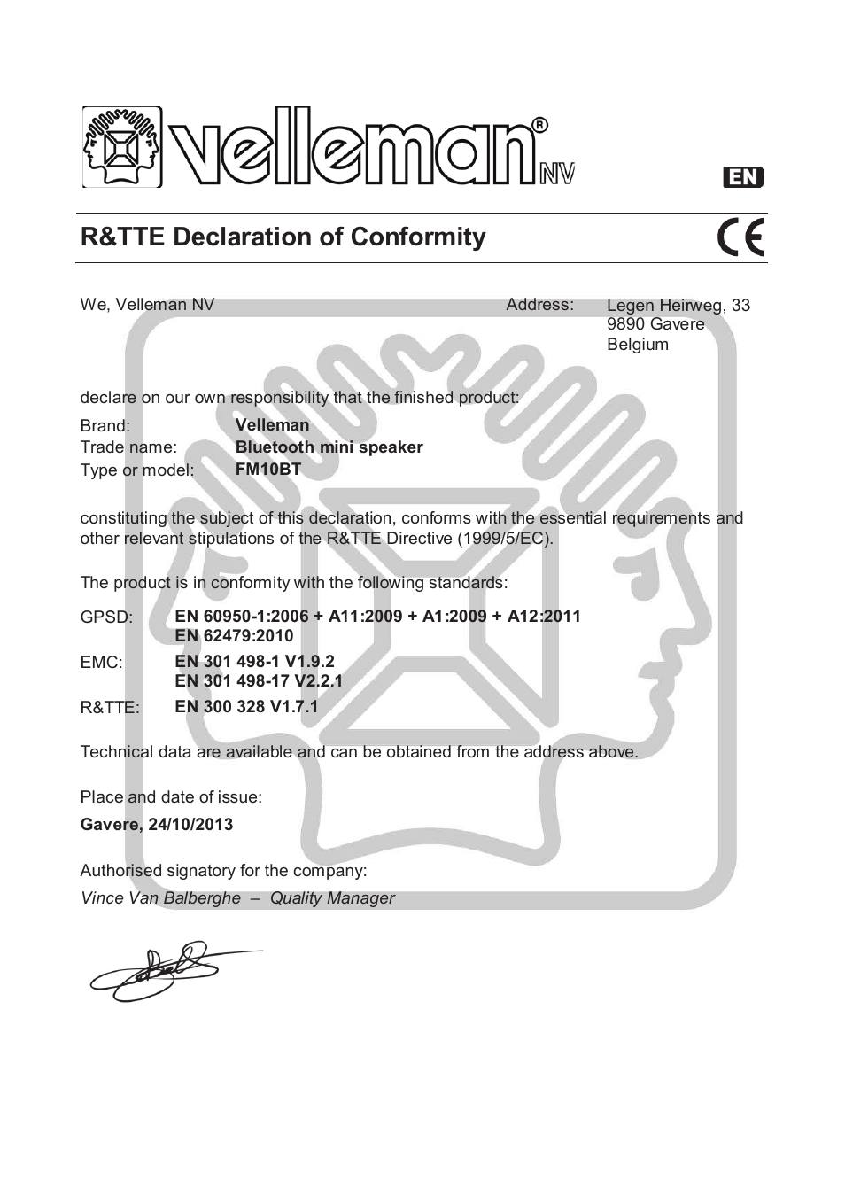R&tte declaration of conformity | Velleman FM10BT User Manual | Page 32 / 45