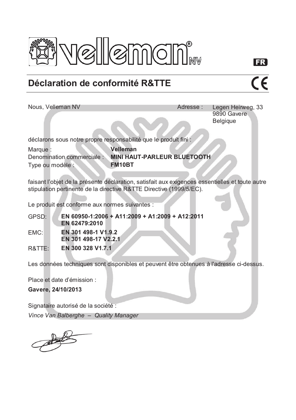 Déclaration de conformité r&tte | Velleman FM10BT User Manual | Page 34 / 45
