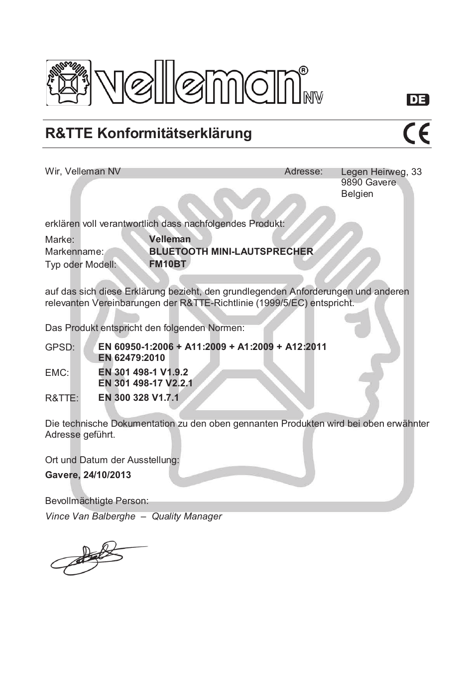 R&tte konformitätserklärung | Velleman FM10BT User Manual | Page 35 / 45