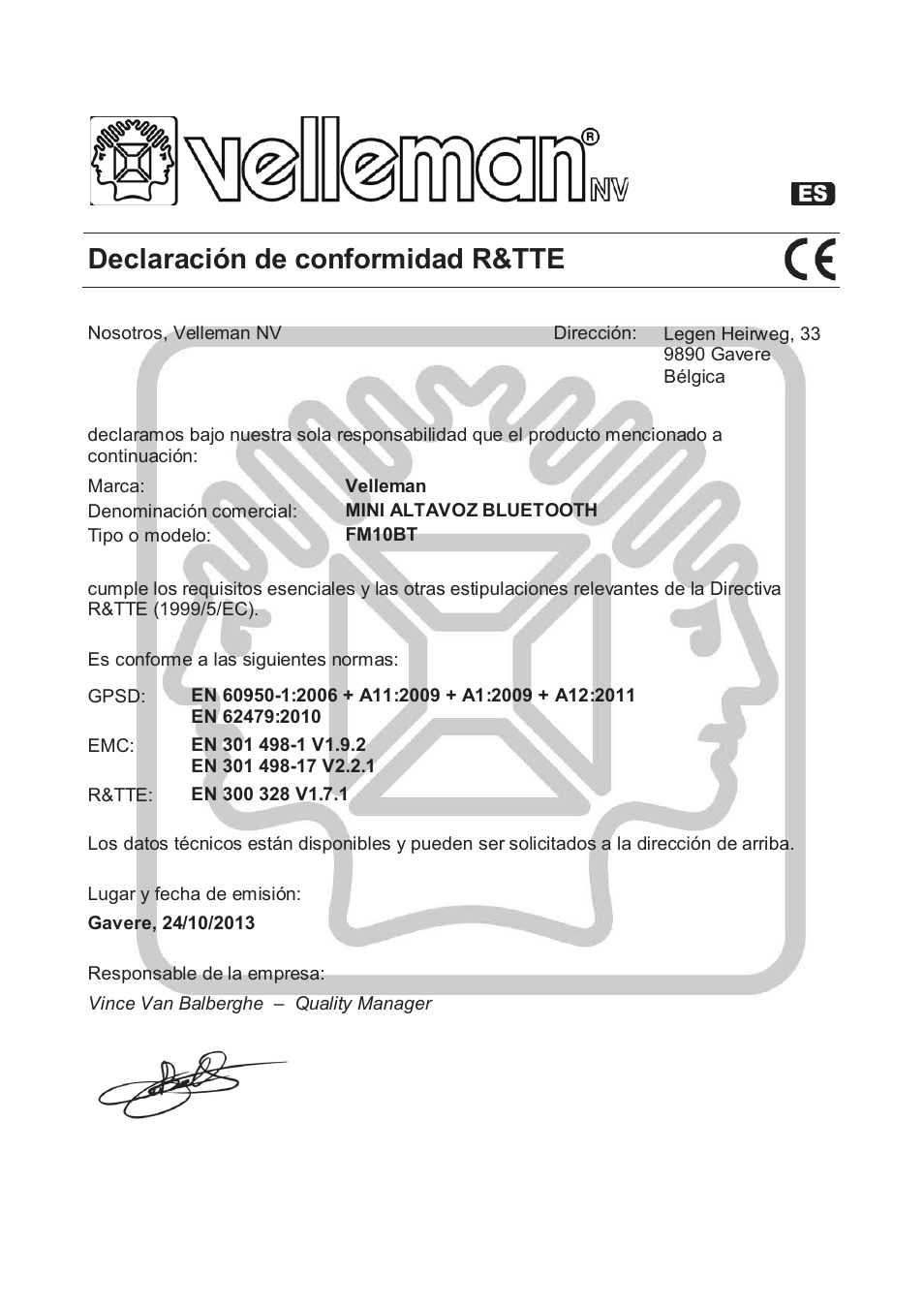 Declaración de conformidad r&tte | Velleman FM10BT User Manual | Page 36 / 45