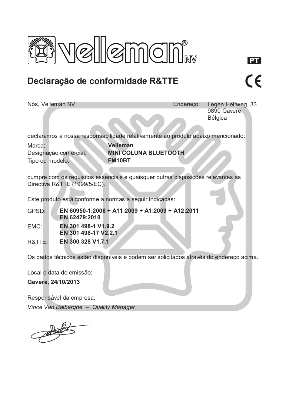 Declaração de conformidade r&tte | Velleman FM10BT User Manual | Page 37 / 45