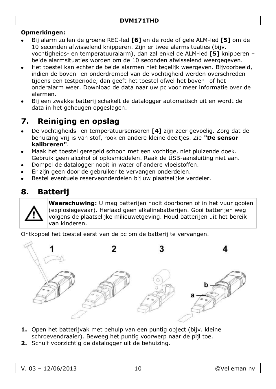 Opmerkingen, Reiniging en opslag, Batterij | Velleman DVM171THD User Manual | Page 10 / 40
