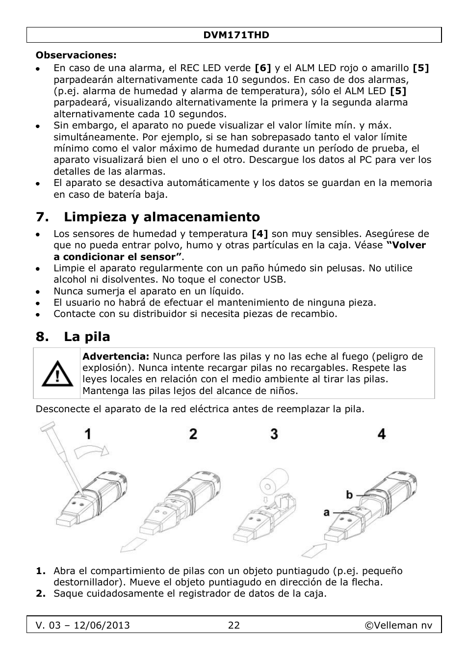 Observaciones, Limpieza y almacenamiento, La pila | Velleman DVM171THD User Manual | Page 22 / 40