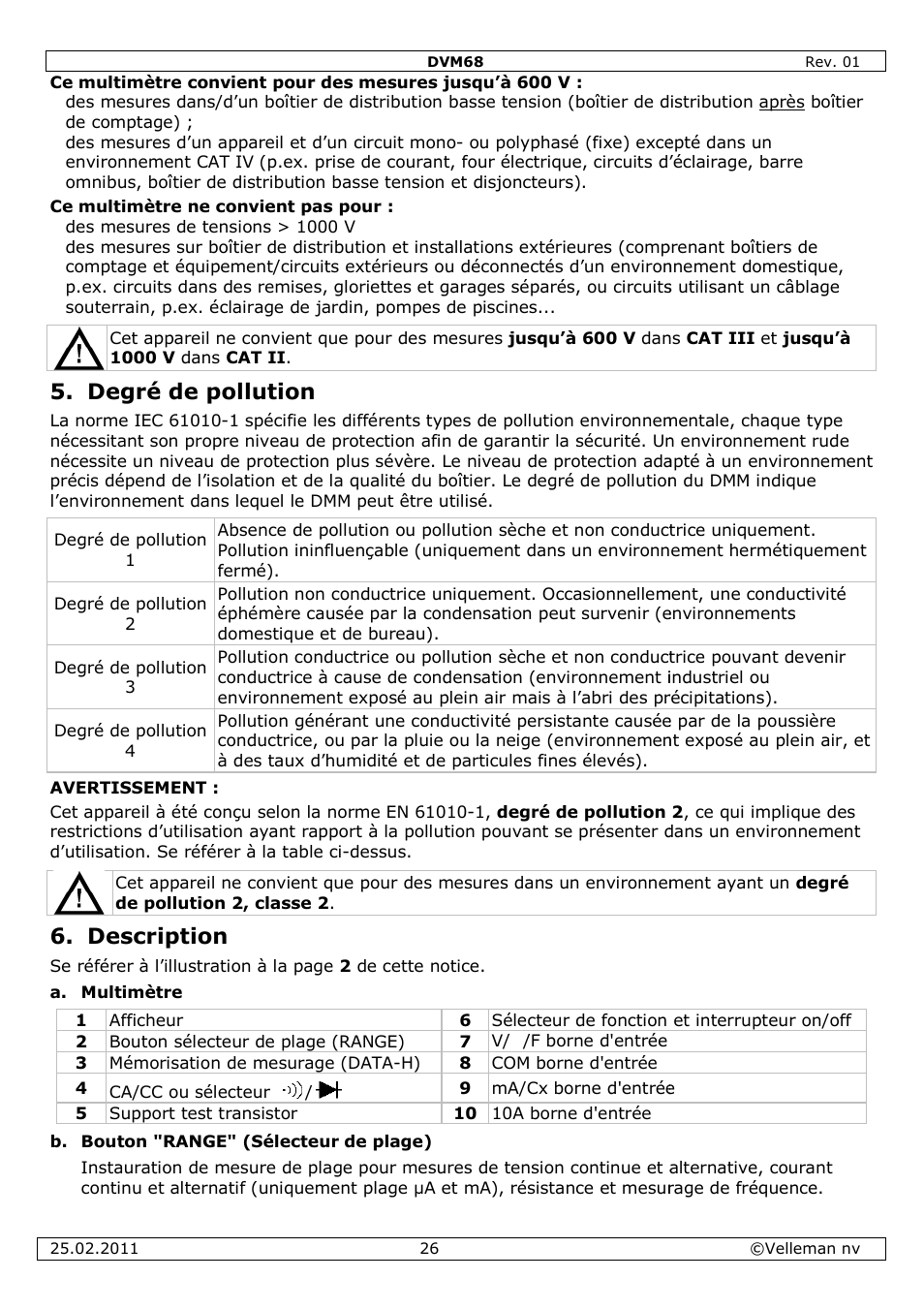 Degré de pollution, Description | Velleman DVM68 User Manual | Page 26 / 55
