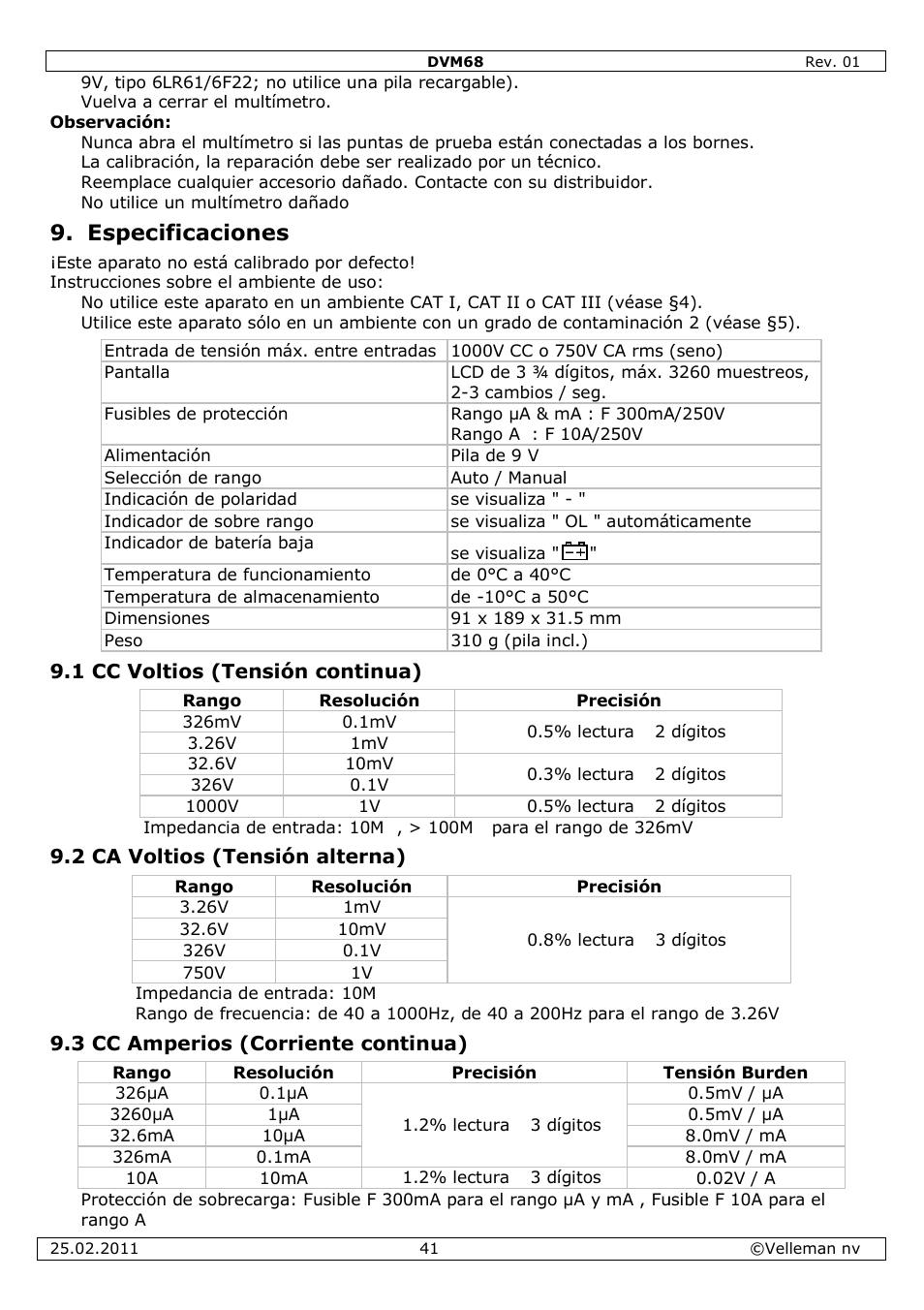 Especificaciones | Velleman DVM68 User Manual | Page 41 / 55